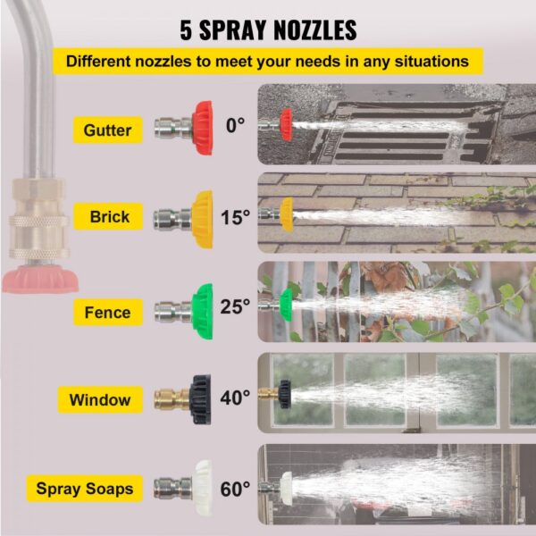 5 spray nozzles for VEVOR telescoping pressure washer wand: gutter, brick, fence, window, spray soaps.