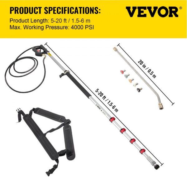 VEVOR telescoping pressure washer wand, 5-20 ft, 4000 psi, quick-connect nozzles, adjustable length.