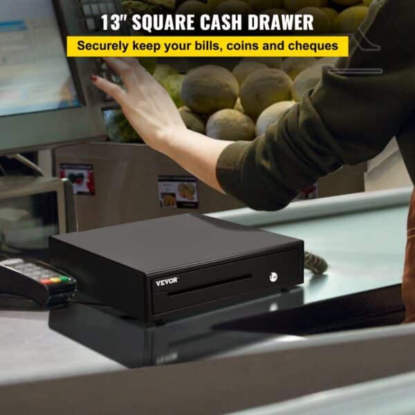 VEVOR cash register drawer on a retail counter with a payment terminal and customer interaction.