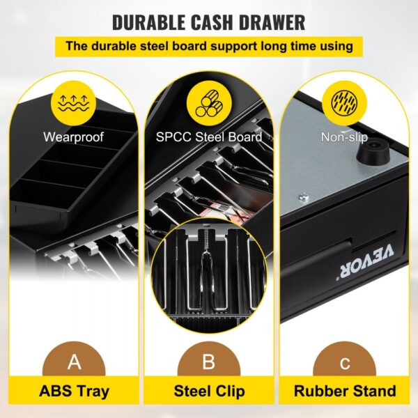 VEVOR cash register drawer with wearproof abs tray, spcc steel board, and non-slip rubber stand.