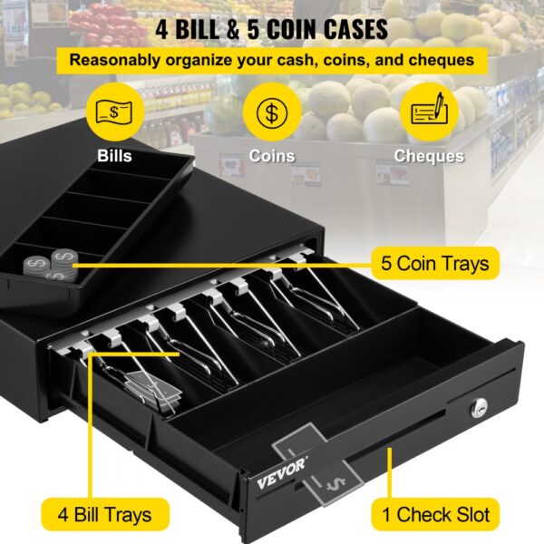 VEVOR cash register drawer with 4 bill trays, 5 coin trays, and 1 check slot in a grocery store.