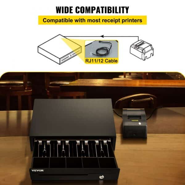 VEVOR cash register drawer shown with an rj11/12 cable and compatible receipt printer on a wooden counter.