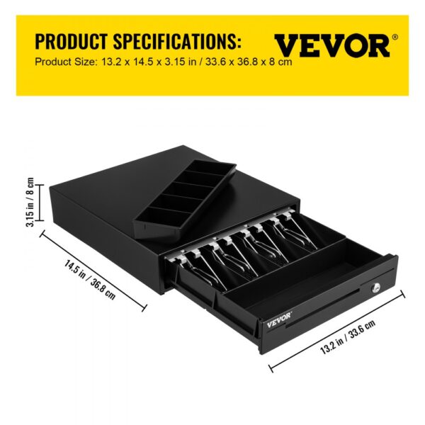 VEVOR cash register drawer dimensions: 13.2 x 14.5 x 3.15 inches, featuring multiple compartments.