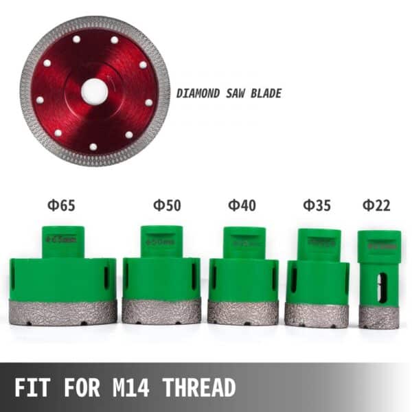 VEVOR diamond hole saw set, 6 green drill bits and a red diamond saw blade.