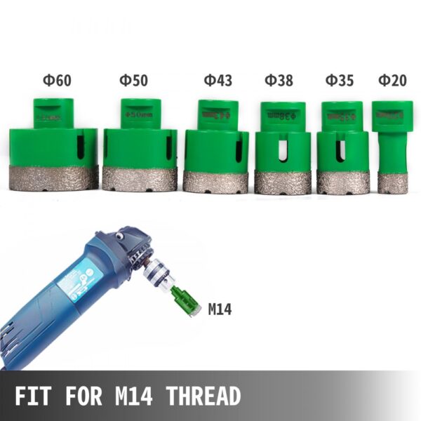 VEVOR 6PCS Diamond Holesaw Set Diamond Drill Core Bits, M14 20/35/38/43/50/60MM Hole Saw Cutter Drill Bits, M14 thread Point-Accurate Drilling for Tiles Ceramic Granite