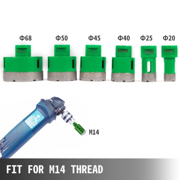 VEVOR 6PCS Diamond Holesaw Set 20/25/40/45/50/68mm Diamond Hole Saw Set, M14 thread Portable Stoneware Point-accurate Hole Saw Cutter Drill Bits Drill Core Ceramic for Tiles Ceramic Granite