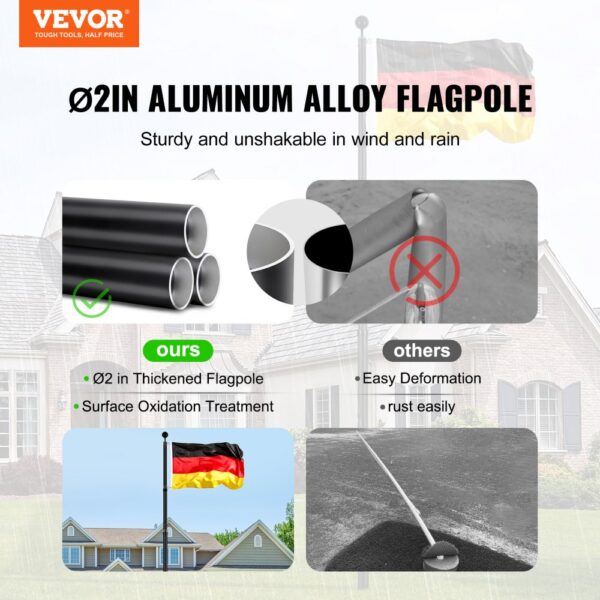 VEVOR 25FT Telescopic Flagpole Kit Heavy Duty Aluminum Flag Pole German Black