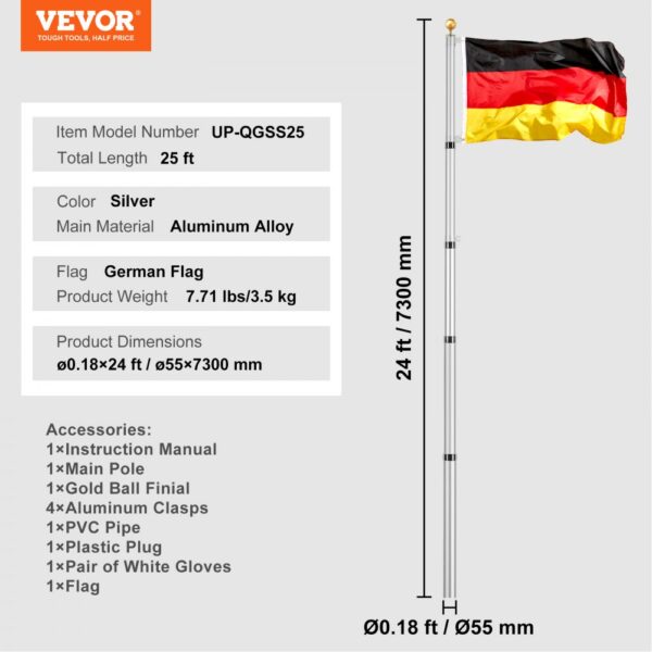 VEVOR 25FT Telescopic Flagpole Kit Heavy Duty Aluminum Flag Pole German Silver