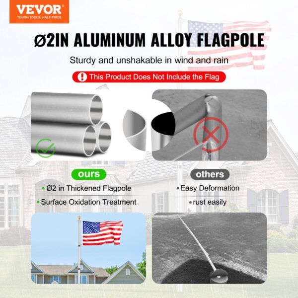 VEVOR 30FT Telescopic Flagpole Kit Heavy Duty Aluminum Flag Pole Silver