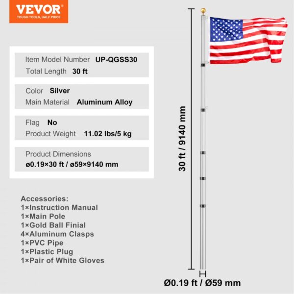 VEVOR 30FT Telescopic Flagpole Kit Heavy Duty Aluminum Flag Pole Silver