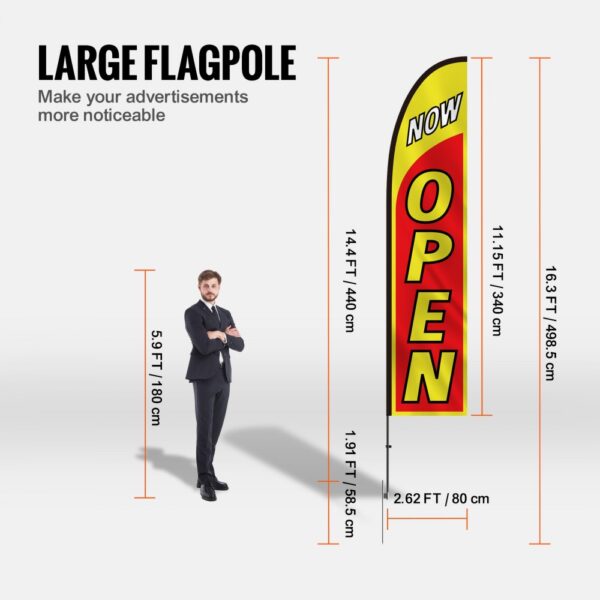 VEVOR open flags - large flagpole with dimensions, ideal for making advertisements more noticeable.