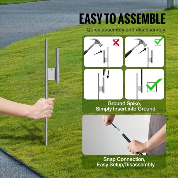 VEVOR open flags assembly instructions showing ground spike insertion and snap connection on grass.