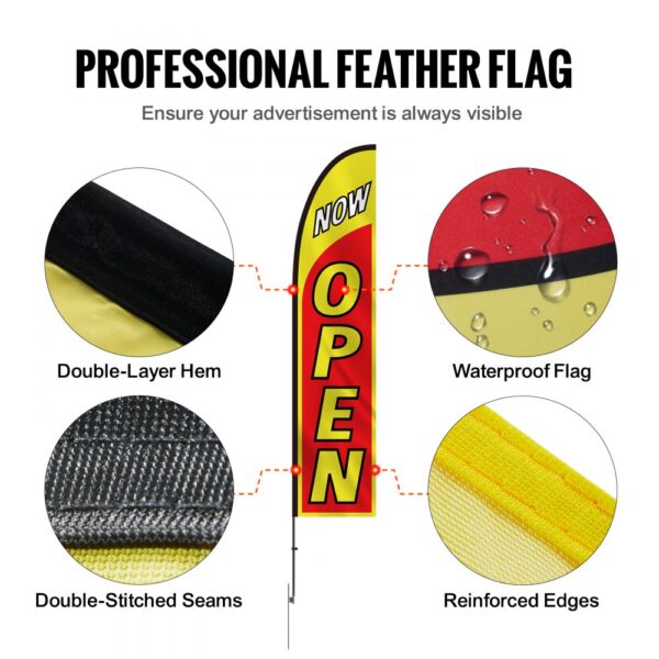 VEVOR open flags with double-layer hem, double-stitched seams, waterproof flag, and reinforced edges.