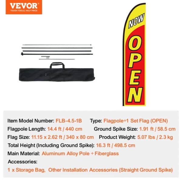 VEVOR open flags set with red and yellow flag, aluminum flagpole, ground spike, and storage bag.