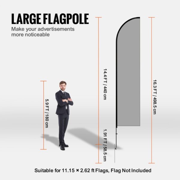 VEVOR feather flag pole kit, 16.3 ft tall, suitable for 11.15 x 2.62 ft flags, ideal for advertisements.