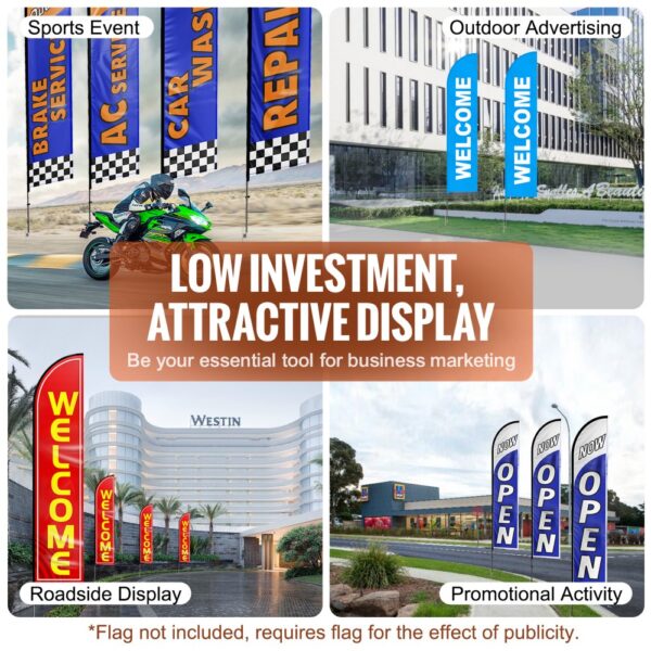 sports event and business banners displaying "welcome", "open", "car wash" using VEVOR feather flag pole kit.