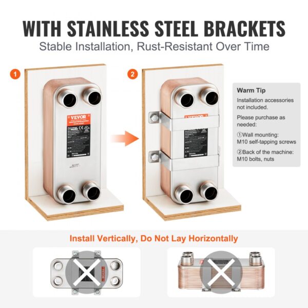 VEVOR heat exchanger with stainless steel brackets for stable, rust-resistant vertical installation.