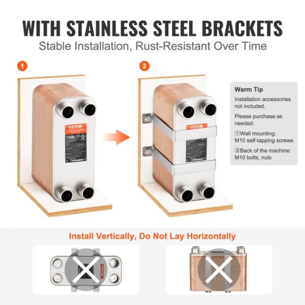 VEVOR heat exchanger with stainless steel brackets for stable, rust-resistant vertical installation.