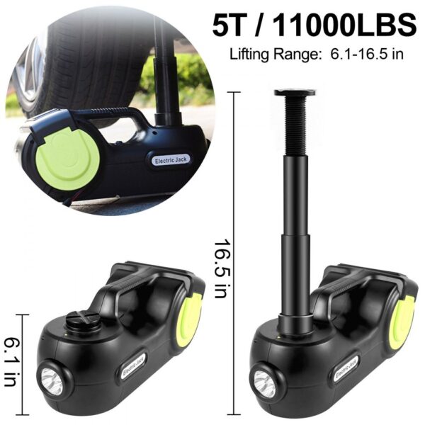 VEVOR electric car jack 5t/11000lbs, lifting range 6.1-16.5 inches, black with green details.