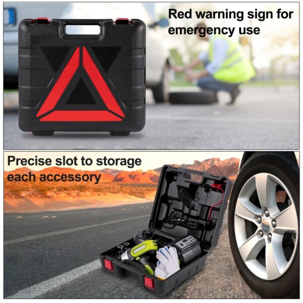 VEVOR electric car jack in a case with red warning sign and organized accessories.