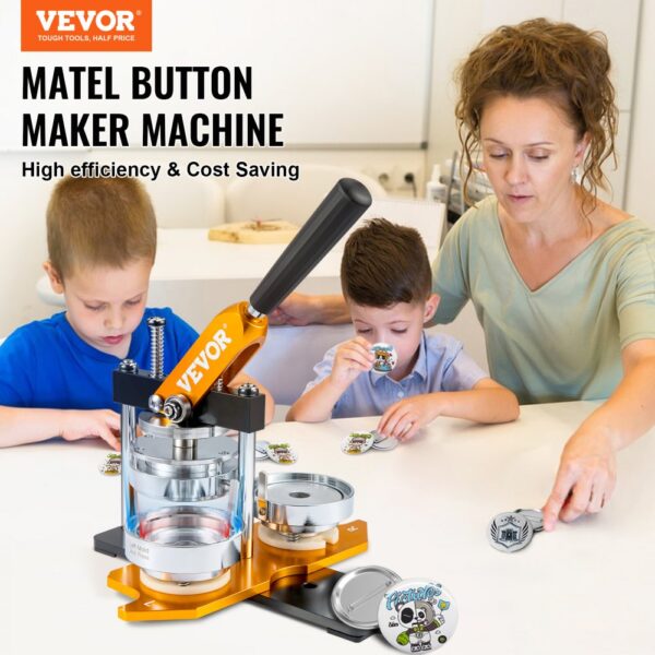 VEVOR button maker machine on a white table with buttons, surrounded by children crafting buttons.