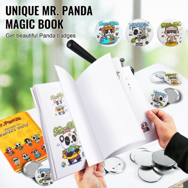 unique mr. panda magic book with colorful panda badges and VEVOR button maker tools on a table.