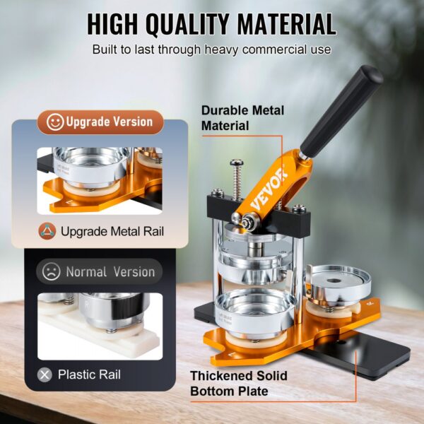 VEVOR button maker with durable metal material, thickened solid bottom plate, and upgrade metal rail.