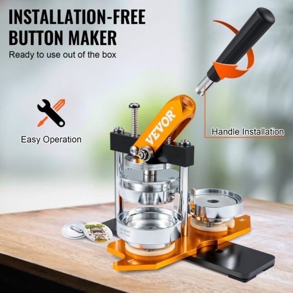 VEVOR button maker on wooden table, showcasing easy operation and installation-free design.