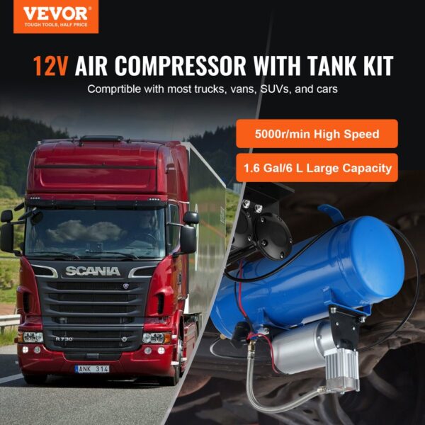 VEVOR 12v air compressor with tank kit, compatible with trucks, vans, suvs; 5000r/min, 1.6 gal capacity.