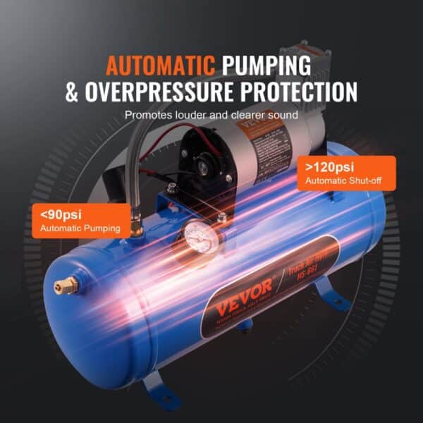 VEVOR 12v air compressor with automatic pumping and overpressure protection, blue tank, pressure gauge.