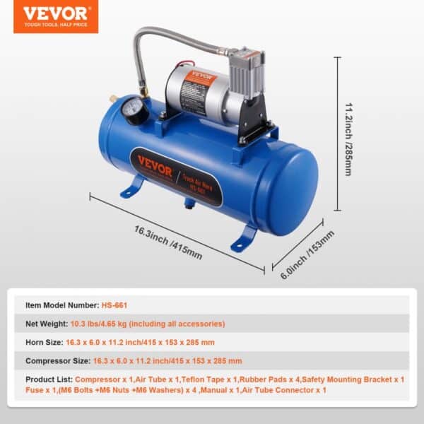 VEVOR 12v air compressor with blue tank, 16.3 x 6 x 11.2 in size, featuring dimensions and product details.