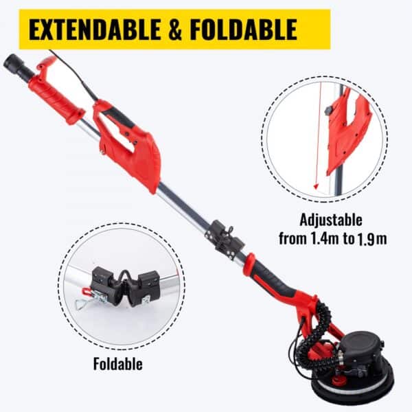 VEVOR Drywall Sander 750W, Electric Drywall Sander, Foldable Sheetrock Sander, with Telescope Handle, Electric Sander, Variable Speed 800-1750 RPM, Wall Sander, with LED Strip Light and Vacuum Bag