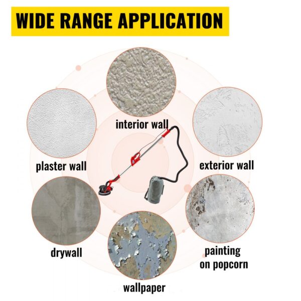 VEVOR Drywall Sander 750W, Electric Drywall Sander, Foldable Sheetrock Sander, with Telescope Handle, Electric Sander, Variable Speed 800-1750 RPM, Wall Sander, with LED Strip Light and Vacuum Bag
