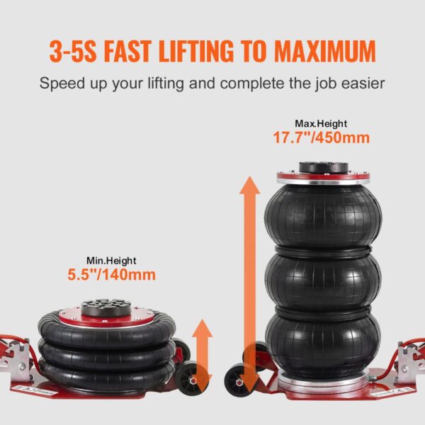 VEVOR air jack demonstrating 3-5s fast lifting from 5.5”/140mm to 17.7”/450mm height.