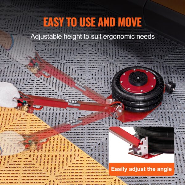 VEVOR air jack with adjustable height and angle for ergonomic use and easy mobility.