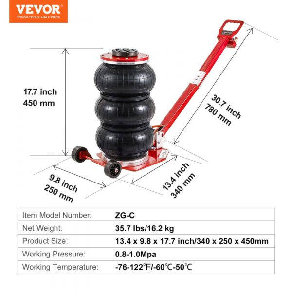 VEVOR air jack with 450mm lift, compact red design, 16.2kg weight, and 0.8-1.0mpa working pressure.