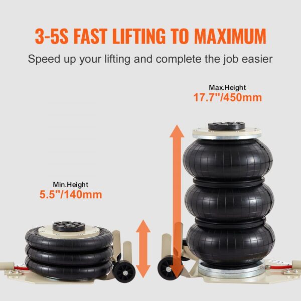 VEVOR triple bag air jack, minimum height 5.5"/140mm, maximum height 17.7"/450mm, fast lifting.