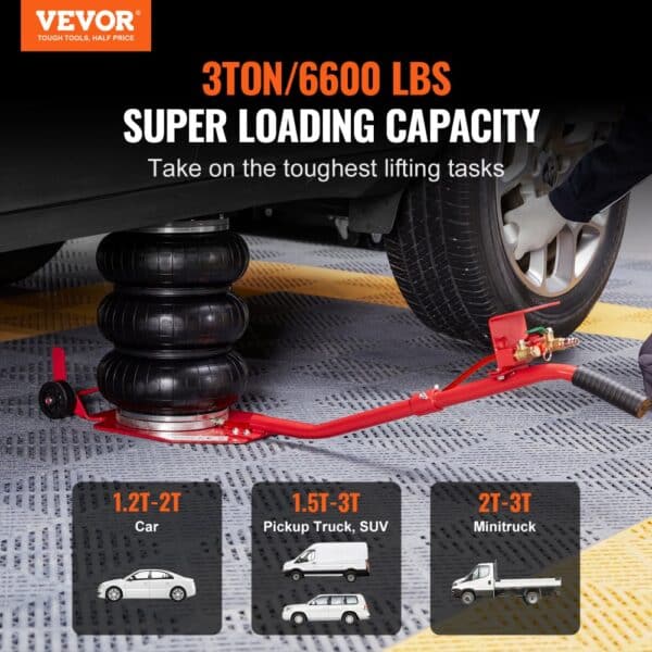 VEVOR air jack lifting a vehicle, showing 3-ton capacity for cars, pickup trucks, suvs, and minitrucks.