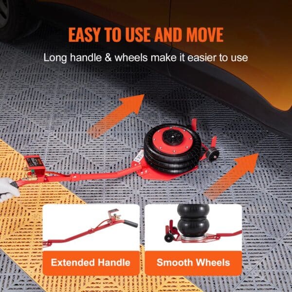 VEVOR air jack with an extended handle and smooth wheels for easy mobility under an orange car.