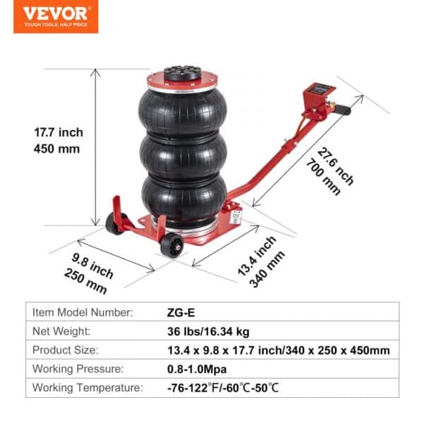 VEVOR air jack zg-e, 450mm height, 340x250mm base, 16.34kg, for lifting in extreme temperatures.