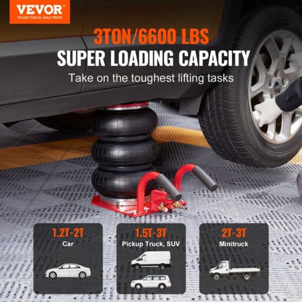 VEVOR air jack lifting a 3-ton vehicle, showing various lifting capacities for cars, suvs, and minitrucks.