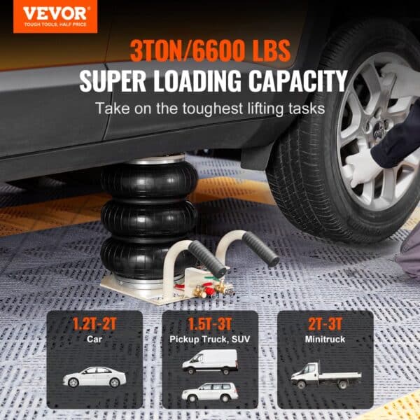 VEVOR air jack lifting vehicle with 3-ton capacity, suitable for cars, suvs, and minitrucks.