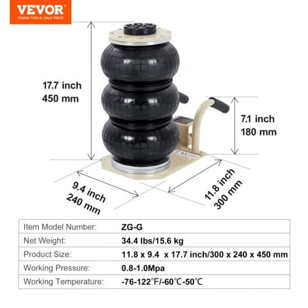 VEVOR air jack zg-g, 450mm height, 300mm width, 240mm depth, 34.4 lbs weight, 0.8-1.0mpa pressure.