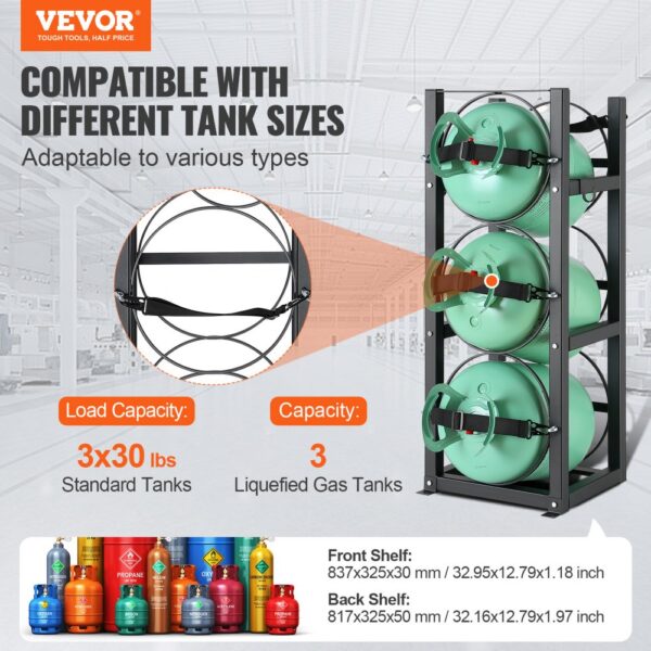 VEVOR refrigerant tank rack holding three liquefied gas tanks, compatible with different tank sizes.