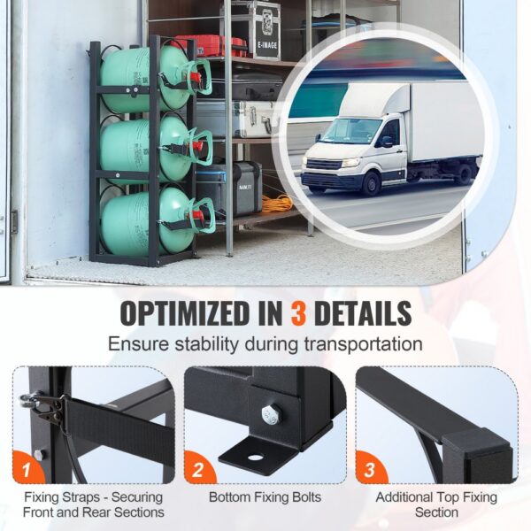 VEVOR refrigerant tank rack in truck with fixing straps, bottom fixing bolts, and top fixing section.