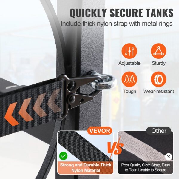 VEVOR refrigerant tank rack with thick nylon strap, metal rings, and comparison chart highlighting durability.