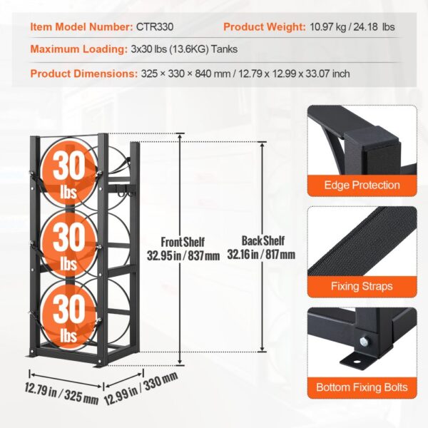 VEVOR refrigerant tank rack detail shot, showing capacity, dimensions, and key features like edge protection.