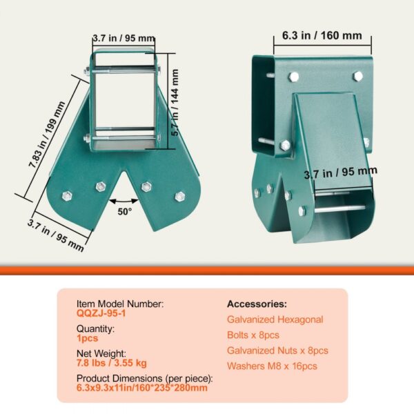 green VEVOR swing set brackets with dimensions and accessory details displayed on a white background.