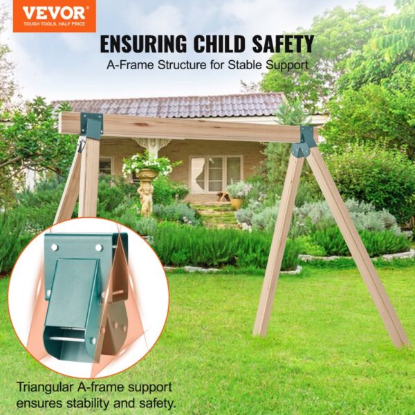 VEVOR swing set brackets in triangular a-frame for child safety, shown in lush backyard setting.