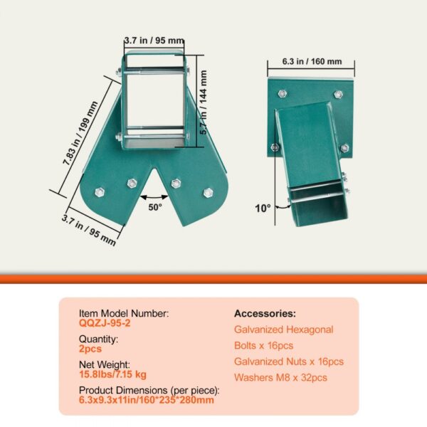 VEVOR swing set brackets with dimensions and accessories listed, including bolts, nuts, and washers.